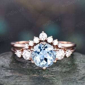 Vintage unique aquamarine engagement ring set round cut ring rose gold five stone moissanite wedding ring set women March birthstone ring