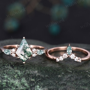 1.5ct Unique kite cut moss agate engagement ring set marquise cut moss agate ring vintage rose gold 6 prong diamond wedding ring set women