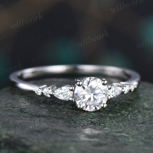 Round moissanite ring vintage moissanite engagement ring 14k white gold dainty minimalist pear diamond ring promise wedding ring women gifts 0.5ct-5mm-moissanite