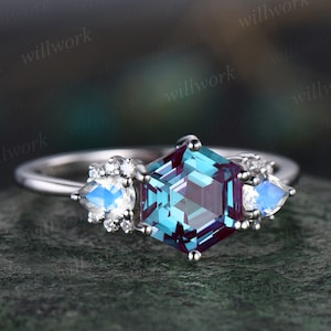 Vintage Hexagon Alexandrite engagement ring 14k white gold pear moonstone amethyst ring women unique Personalized wedding bridal ring gift