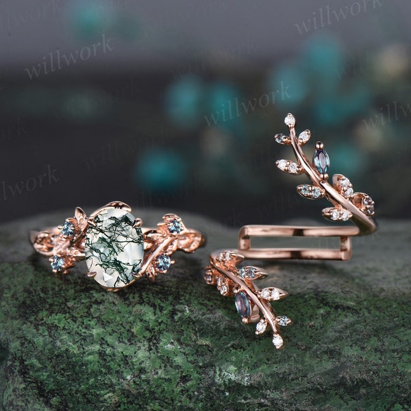 Twig oval cut moss agate engagement ring nature inspired leaf alexandrite ring rose gold twisted anniversary wedding ring set women gift