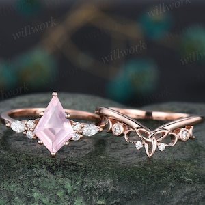 Kite cut rose quartz ring rose gold unique engagement ring set rose gold crystal ring art deco moissanite ring women Norse Viking Jewelry