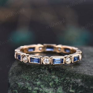 Baguette cut sapphire wedding band Milgrain full eternity diamond wedding ring band 14k yellow gold vintage unique anniversary ring gifts