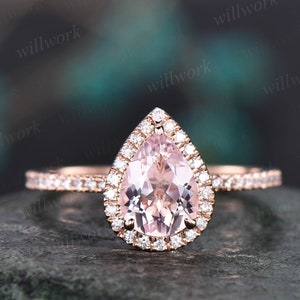 Unique vintage pear shaped pink morganite engagement ring 14k rose gold dainty halo full eternity diamond ring for women bridal wedding ring