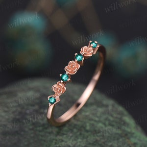 Dainty flower emerald wedding band solid 14k rose gold stacking unique vintage wedding ring band for women gemstone anniversary ring gift