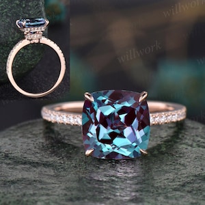 Vintage 8mm cushion cut Alexandrite engagement ring for women rose gold under halo half eternity diamond ring jewelry unique promise ring