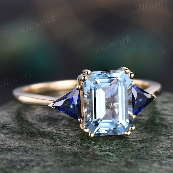 Vintage emerald cut aquamarine engagement ring 14k yellow gold three stone Trilliant cut sapphire ring women blue gemstone ring Fine jewelry