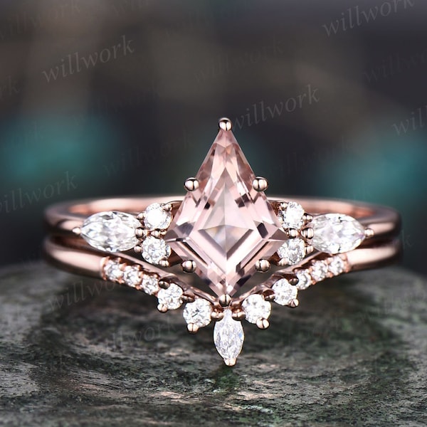 Vintage kite cut 1ct pink morganite engagement ring set 14k rose gold marquise cut diamond ring for women unique bridal wedding ring set