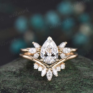 Vintage pear shaped Lab grown diamond engagement ring solid 14k 18k yellow gold marquise cut diamond bridal wedding ring set women jewelry