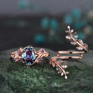 Vintage oval alexandrite engagement ring nature inspired leaf amethyst ring rose gold wedding band enhancer twisted bridal ring set women