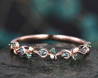 Unique emerald alexandrite wedding band leaf 14k rose gold stacking matching vintage dainty wedding ring band women anniversary ring gift