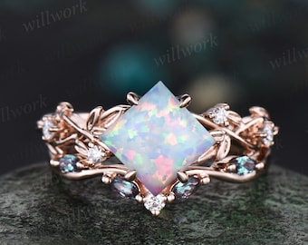 Princess white opal engagement ring set 14k rose gold five stone leaf branch Nature inspired alexandrite diamond bridal ring set women gift