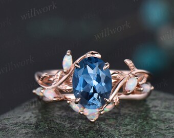 Vintage oval cut London blue topaz engagement ring solid 14k rose gold leaf nature inspired opal ring women wedding bridal ring set gemstone