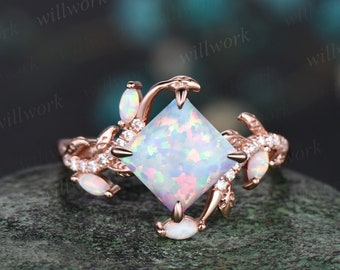 Vintage princess white opal engagement ring rose gold leaf nature inspired branch half eternity diamond opal anniversary ring women gift