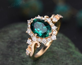 Vintage oval cut emerald engagement ring halo diamond ring 14k yellow gold art deco May birthstone ring unique bridal ring women jewelry