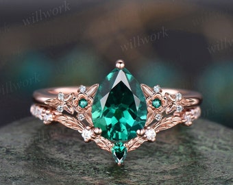 Vintage pear green emerald engagement ring rose gold twig leaf floral antique unique cluster diamond bridal wedding ring set women gift