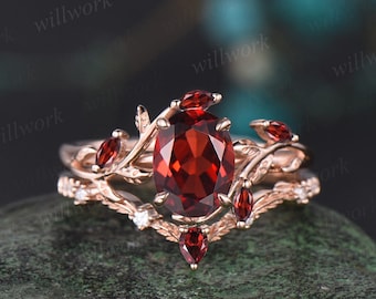 Vintage oval cut red garnet engagement ring rose gold art deco cluster leaf nature inspired bridal promise wedding ring set women gift