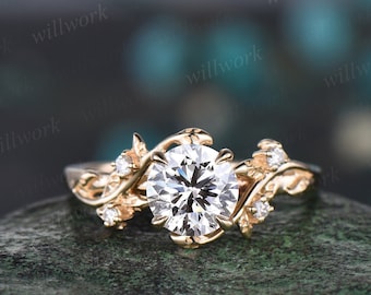 Vintage 1ct Rundschliff Lab Grown Diamant Verlobungsring 14k Gelbgold Blatt fünf Stein Diamant Jahrestag Versprechen Ehering Frauen Geschenk