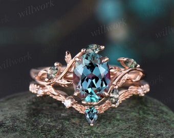 Vintage oval cut alexandrite engagement ring solid 14k rose gold art deco cluster leaf nature inspired bridal promise wedding ring set women