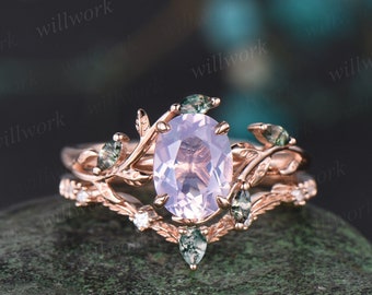 Vintage corte ovalado lavanda amatista anillo de compromiso oro rosa art deco hoja de racimo naturaleza inspirada musgo ágata anillo de boda nupcial conjunto mujeres