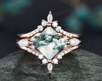 Princess cut moss agate ring gold vintage green moss agate engagement ring set rose gold art deco unique engagement ring moissanite ring set