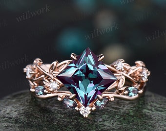 Princess cut Alexandrite engagement ring set 14k white gold five stone leaf branch Nature inspired ring diamond bridal ring set women gift