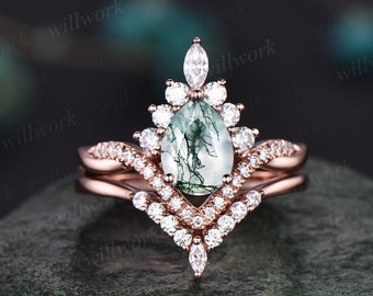 Vintage pear shaped moss agate engagement ring set art deco 14k rose gold twisted infinity moissanite ring for women wedding bridal ring set