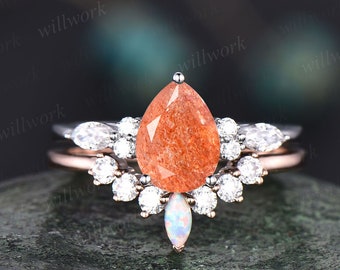 Pear shaped orange sunstone ring gold vintage unique sunstone engagement ring set art deco opal moissanite bridal wedding ring set women