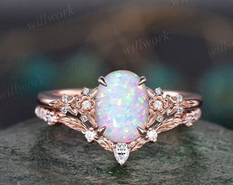 Vintage oval white opal engagement ring solid 14k rose gold leaf floral nature inspired diamond ring women unique bridal wedding ring set