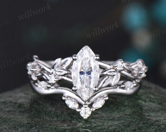 Vintage marquise cut moissanite engagement ring women twig leaf Nature inspired white gold ring branch diamond bridal ring set gift