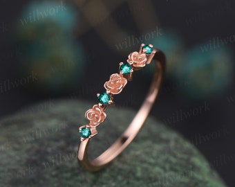 Dainty flower emerald wedding band solid 14k rose gold stacking unique vintage wedding ring band for women gemstone anniversary ring gift