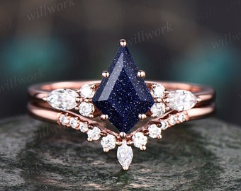 Unique kite cut blue sandstone engagement ring set 14k rose gold ring vintage marquise cut moissanite anniversary wedding ring set for women