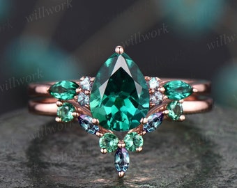 Vintage pear shaped emerald engagement ring rose gold marquise alexandrite ring green gemstone ring art deco unique wedding ring set women