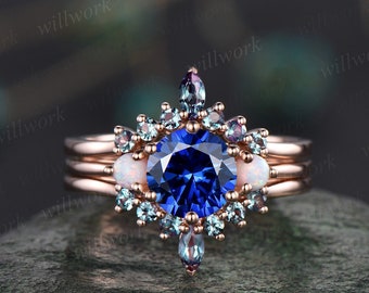 Vintage blue sapphire engagement ring set rose gold three stone opal ring women alexandrite bridal wedding ring set gemstone ring gift