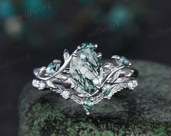 Vintage oval cut green moss agate engagement ring white gold art deco cluster leaf nature inspired anniversary wedding ring set women
