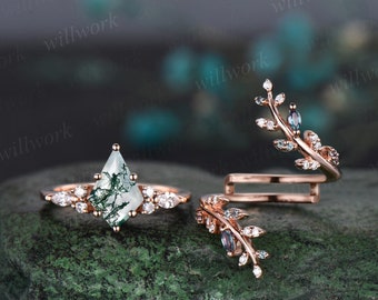 Kite cut moss agate engagement ring rose gold leaf alexandrite diamond wedding band enhancer unique anniversary bridal ring set women