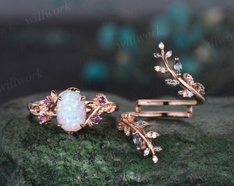 Vintage oval white opal engagement ring nature inspired leaf amethyst ring rose gold alexandrite wedding band enhancer bridal set women