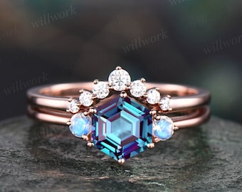 Unique Alexandrite moonstone engagement ring set rose gold hexagon cut ring three stone minimalist ring moissanite bridal ring set women