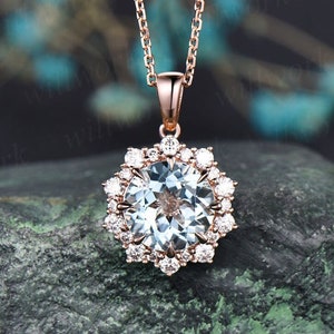 Colar redondo de água-marinha vintage sólido 14k 18k ouro rosa halo snowdrift diamante pingente pedra de nascimento de março joias finas mulheres presente dela