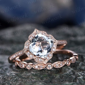 Cushion cut aquamarine engagement ring set aquamarine ring for women vintage rose gold diamond ring March birthstone ring bridal set gifts