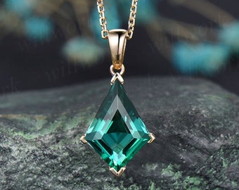 Kite green emerald necklace solid 14k 18k yellow gold vintage unique Personalized pendant women her gemstone anniversary bridal gift mother