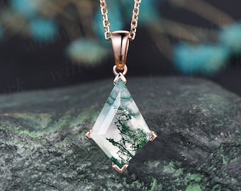 Kite natural moss agate necklace solid 14k 18k rose gold vintage unique Personalized pendant for women her anniversary bridal gift mother