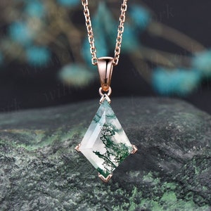 Kite natural moss agate necklace solid 14k 18k rose gold vintage unique Personalized pendant for women her anniversary bridal gift mother