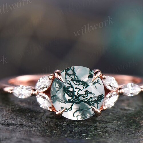 Round moss agate engagement ring art deco moissanite ring rose gold ring for women marquise ring unique vintage best engagement ring shops gift