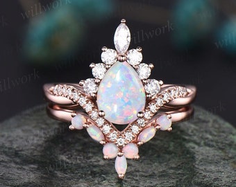 Opal ring gold women vintage pear opal engagement ring set rose gold marquise ring set Twisted moissanite ring dainty custom wedding ring