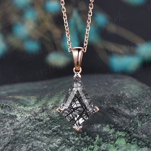 Kite black rutilated quartz  necklace solid 14k 18k rose gold vintage unique Personalized pendant women her anniversary bridal gift mother