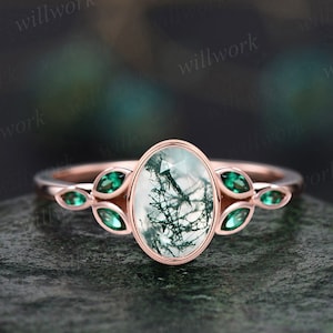 Vintage Bezel Oval Moosachat Verlobungsring Marquise Schnitt Smaragd Ring massiv 14k Roségold antik grün Edelstein Verlobungsring Frauen feiner Schmuck