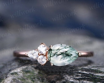 Pear shaped green moss agate ring vintage dainty engagement ring women rose gold 4 stone moissanite ring unique bridal wedding promise ring