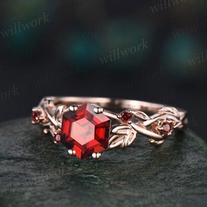 Twig red garnet ring vintage hexagon cut garnet engagement ring 14k rose gold leaf ring January birthstone unique anniversary ring for women