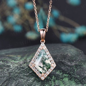 Vintage kite natural moss agate necklace solid 14k 18k rose gold halo diamond pendant women dainty unique anniversary gift mother jewelry